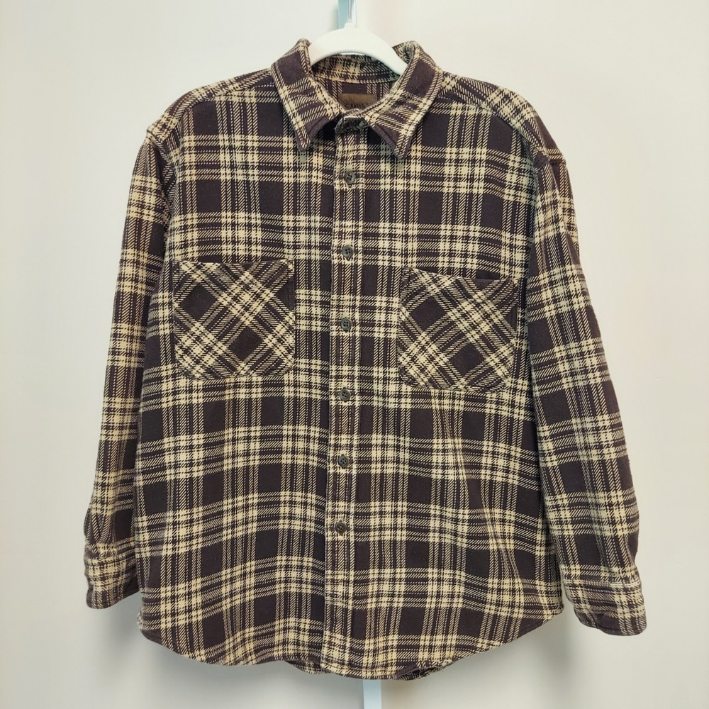 St Johns Bay Men L Brown Plaid Button Up Long Sleeve Cabin Outdoors Grunge Cabin